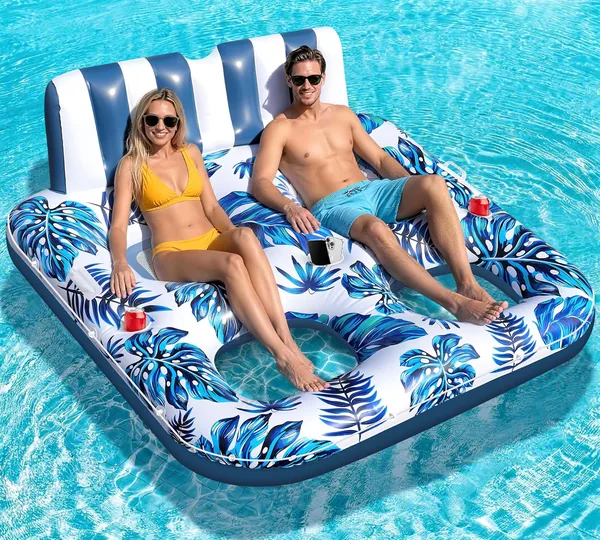 LuxBlue Aufblasbarer Poolchair für 2 Personen, Schwimmstuhl für Erwachsene mit Getränkehalter und Griff, Großes Poolsitzgestell, Inf