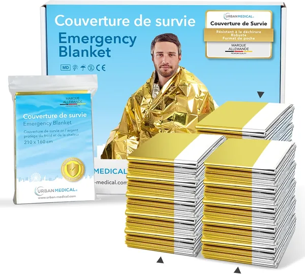 Matelas de survie URBAN MEDICAL Premium – 15 pièces Or/Argent – Protection contre le froid et la chaleur – Grandes couvertures de premiers soins pour randonnée