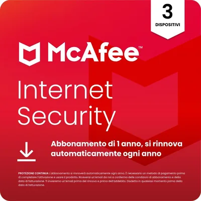 McAfee Internet Security – 3 Dispositivi 2026 | Protezione in Tempo Reale | Sconto del 63%