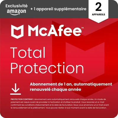 McAfee Total Protection 2 + 1 appareil supplémentaire 2026 | Antivirus, VPN, logiciel de sécurité | Abonnement de 12 mois – 85% Off