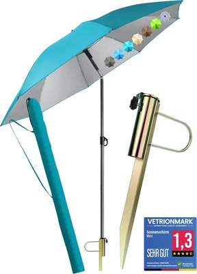 Menz Strandmarke Sonnenschutz Strand 3-in-1 Set – UPF 50+ Strandschirm 180 cm + Stabile Markensonde + Robustes Pa