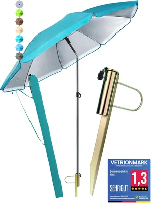 Menz Strandmarke Sonnenschutz Strand 3-in-1 Set – UPF 50+ Strandschirm 180 cm + Stabile Markensonde + Robustes Pa