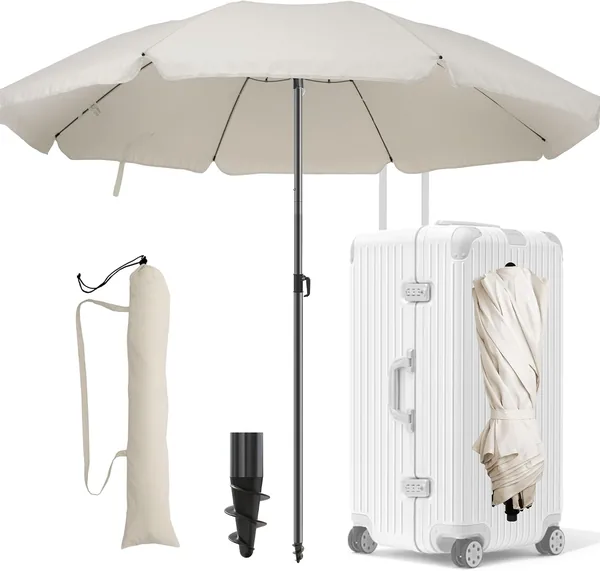 Menz Strandmarkise Durchmesser 160 cm – Funktionaler Reiseschirm UPF 50+ für Koffer – Praktischer Strandschirm, Klein, Falten