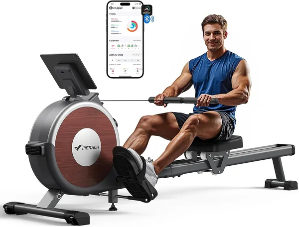 MERACH Heim-Rowingmaschine mit 16 Widerstandsstufen, leise Magnet-Rowingmaschine, verbunden über App, verbesserte Doppelgelenke