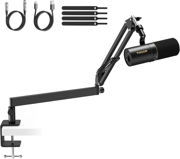 Microphone TONOR USB/XLR avec bras à faible profil, micro cardioïde pour podcasting, jeux, diffusion, enregistrement vocal