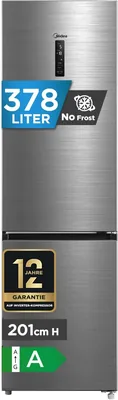 Midea Kühlschrank mit Gefrierschrank, 378L Kühl-Gefrier-Kombination (256L + 122L), leiser 29 dB, Inverter-Kompressor, NoFrost, Metall