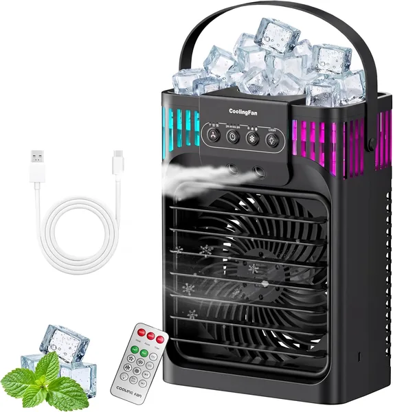 Mobile Luftkühler, 4-in-1 Tragbarer Luftkühler mit Fernbedienung, 3 Geschwindigkeitsstufen, 3 Nebeleinstellungen, 1200 ml Wassertank, 2-8