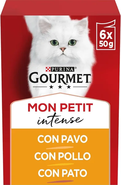 Mon Petit Gourmet, Comida para Gatos Adultos Húmeda, Dumplings en Salsa, Mezcla de Pollo, Pavo y Pavo Real, 8 Paquetes de 6 Sachetes de 50g (48