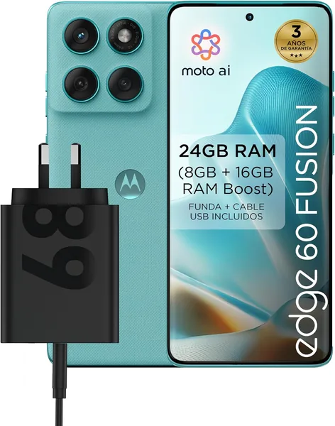 Motorola Edge 60 Fusion, Smartphone, 24GB (8GB+16GB RAM Boost)/256GB Amazonite con Cargador Rápido 68W – 33% de Descuento