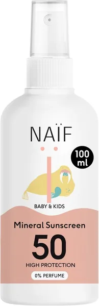 Naïf Mineral Sonnenschutzspray für Babys und Kinder – 0% Parfum – SPF 50 – Sprühschutz ohne Octocrylene – UVA und UVB Schutz