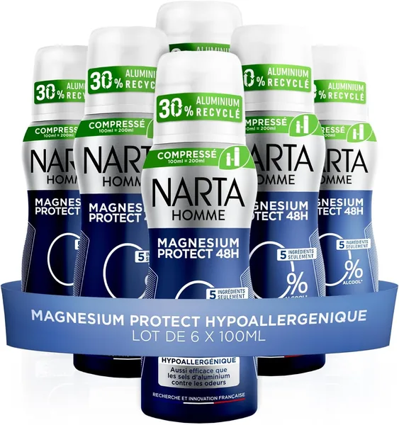 Narta – Déodorant Homme – Protection Magnésium Hypoallergénique – Spray Comprimé – Pack de 6 x 100 ml – Meilleur Prix