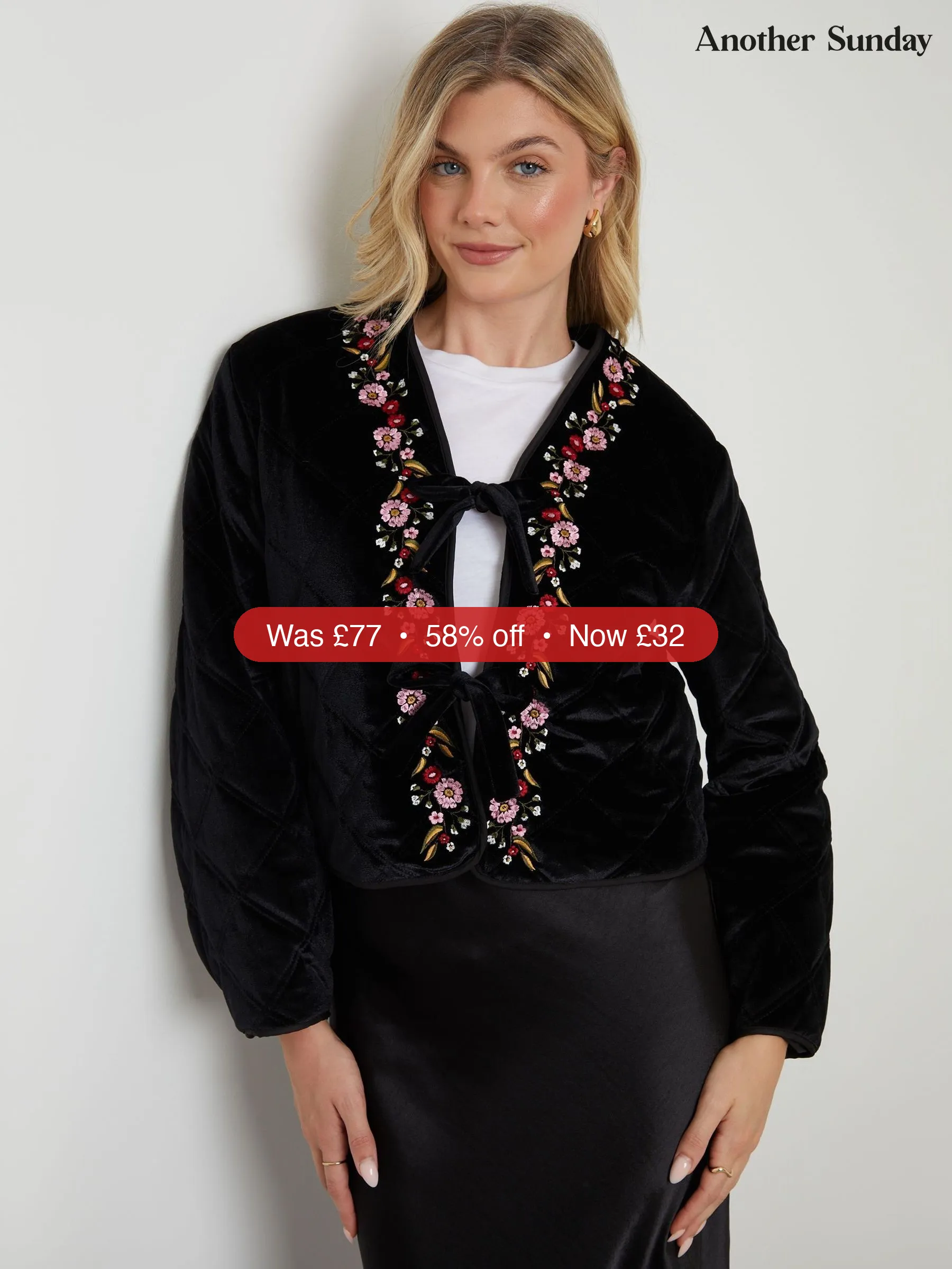 Next Another Sunday Black Quilted Velvet Floral Embroidered Jacket – 58% Off