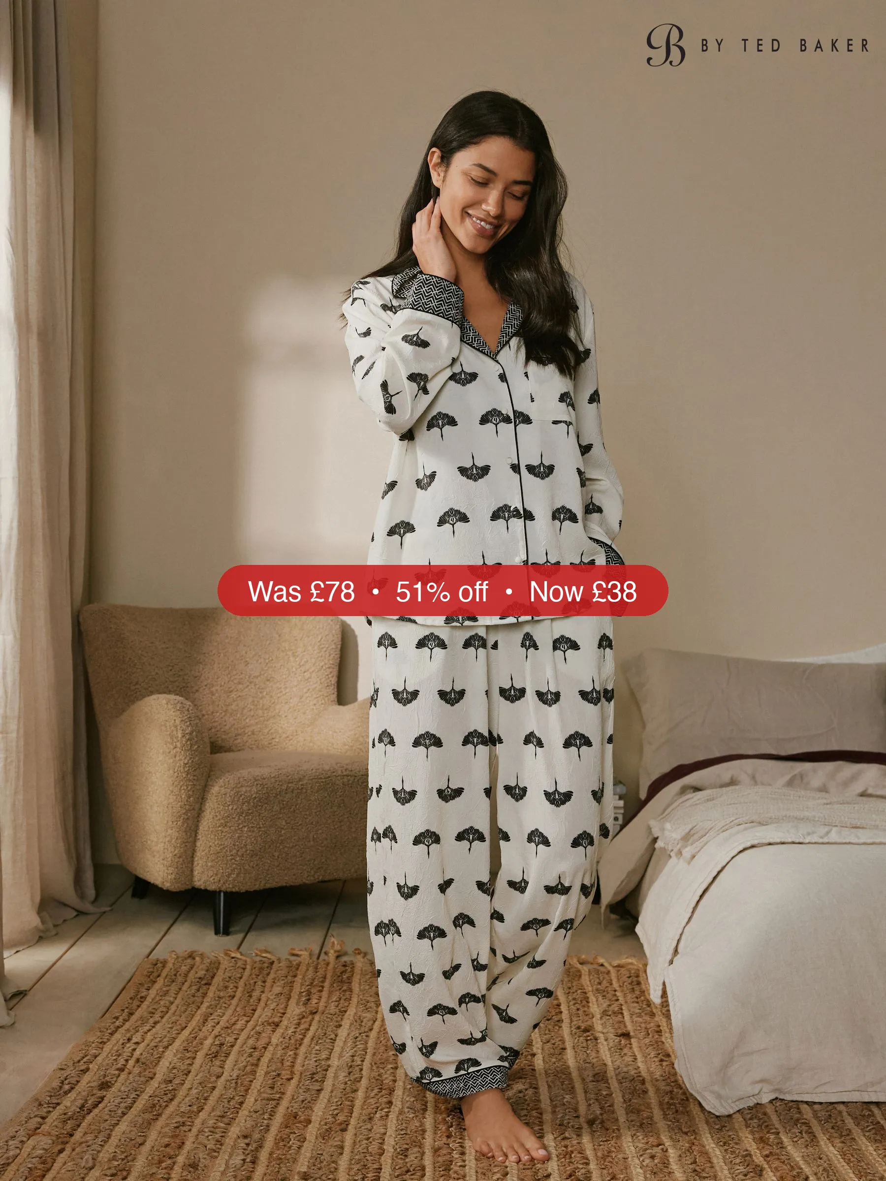 Next B by Ted Baker Bird Crinkle Satin Black/White Pyjamas – 51% Off