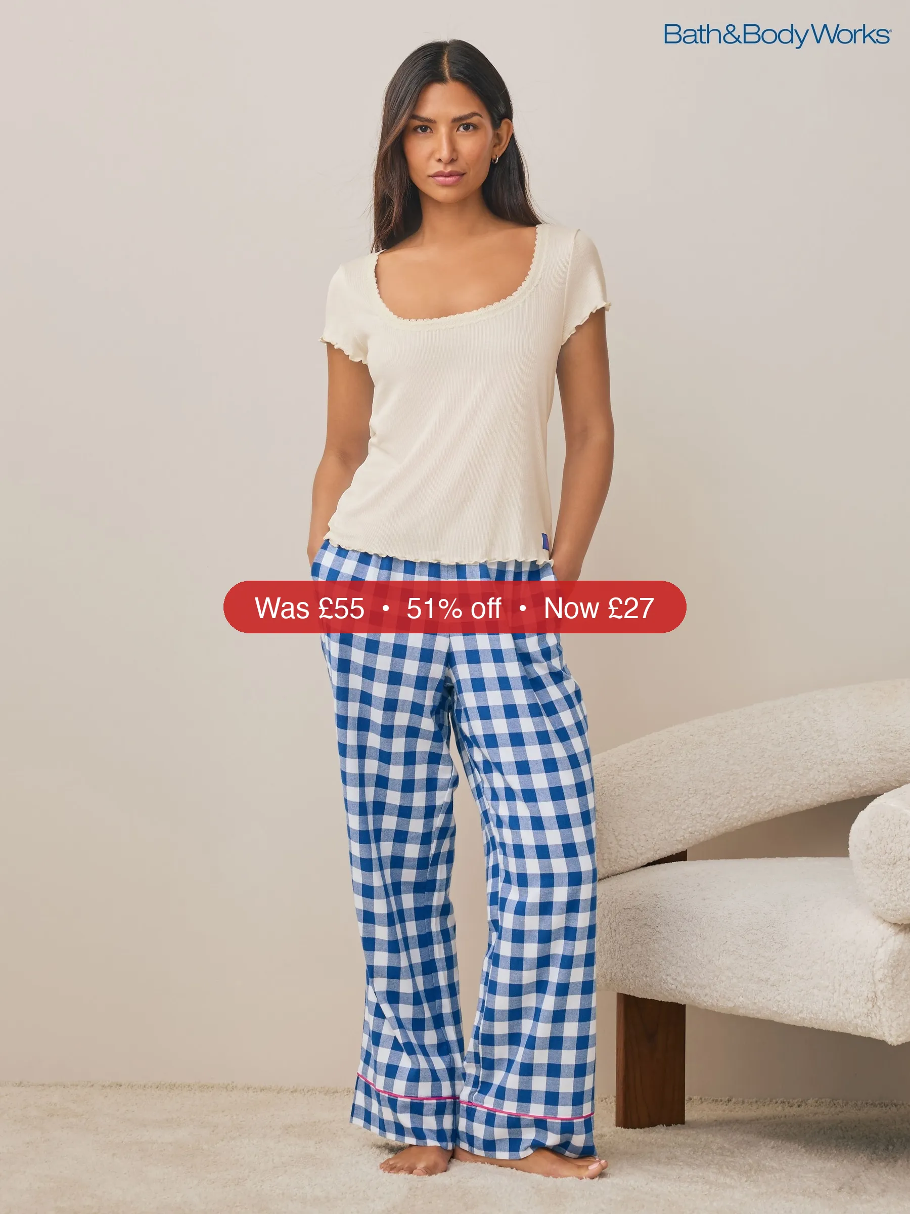 Next Bath & Body Works Blue Check Jersey Pyjamas – 51% Off