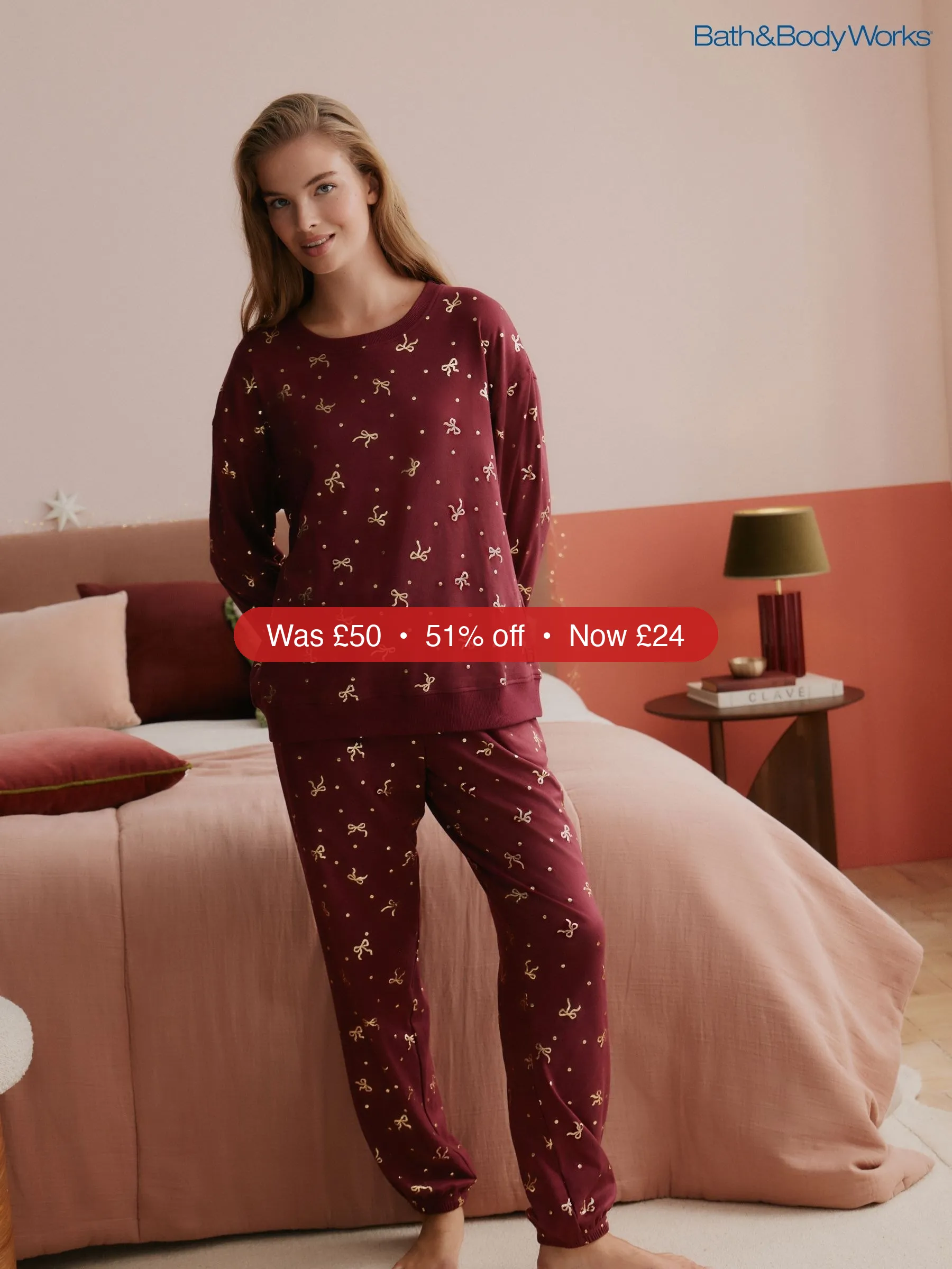 Next Bath & Body Works Burgundy Red Bow Cosy Twosie Pyjamas – 51% Off