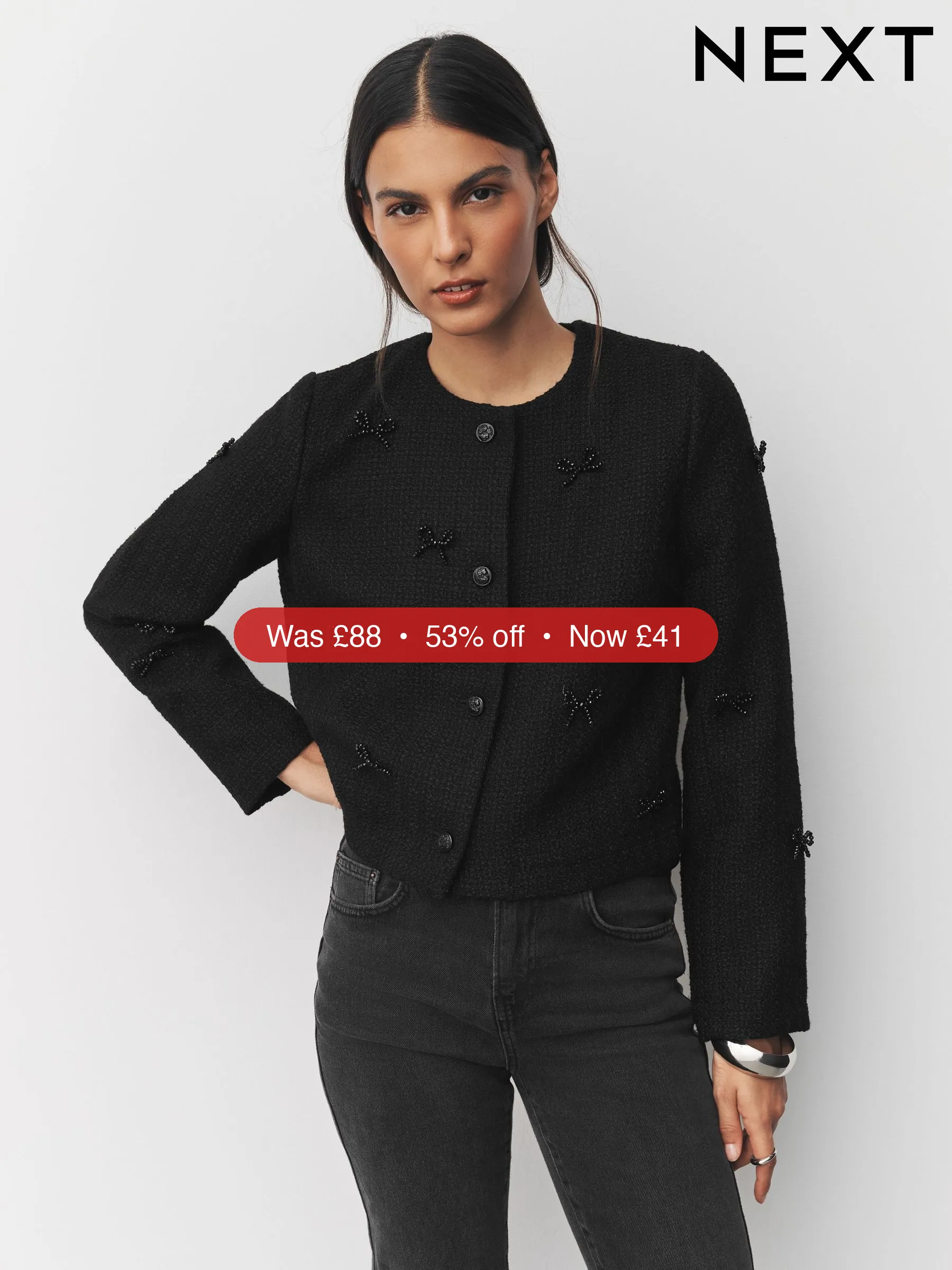 Next Black Beaded Bow Boucle Jacket – 53% Off