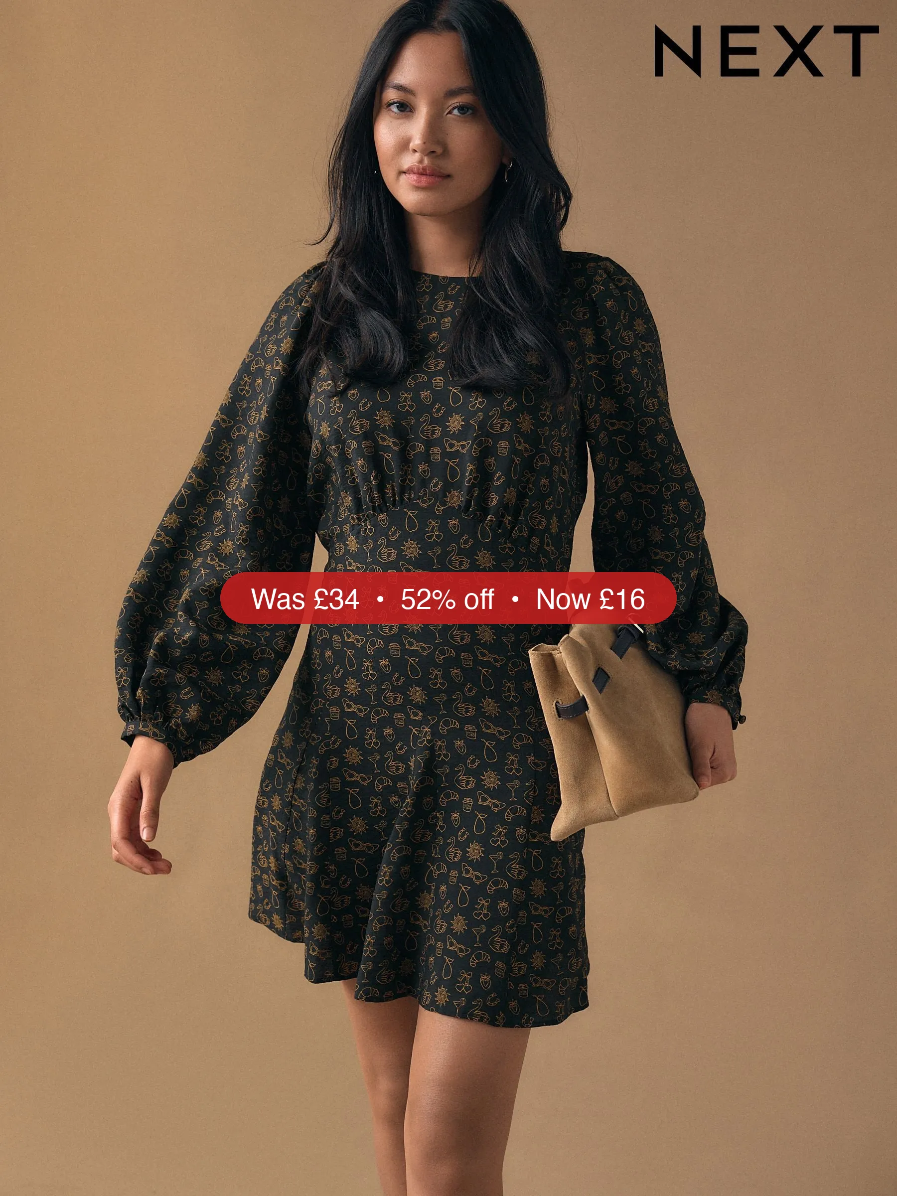 Next Black Croissant Print Mini Long Sleeve A-Line Seam Detail Dress – 52% Off