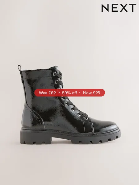 Next Black Patent Extra Wide Fit Forever Comfort® Lace-Up Boots – 59% Off