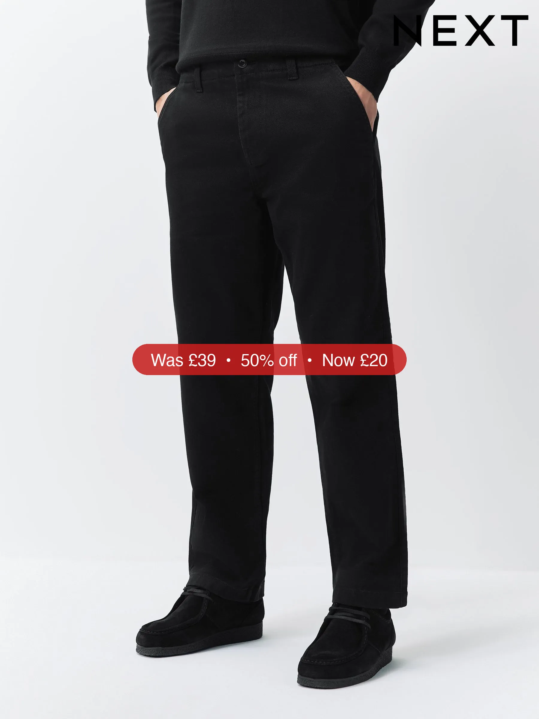 Next Black Relaxed Fit Authentic Cotton Rich Stretch Trousers – 50% Off