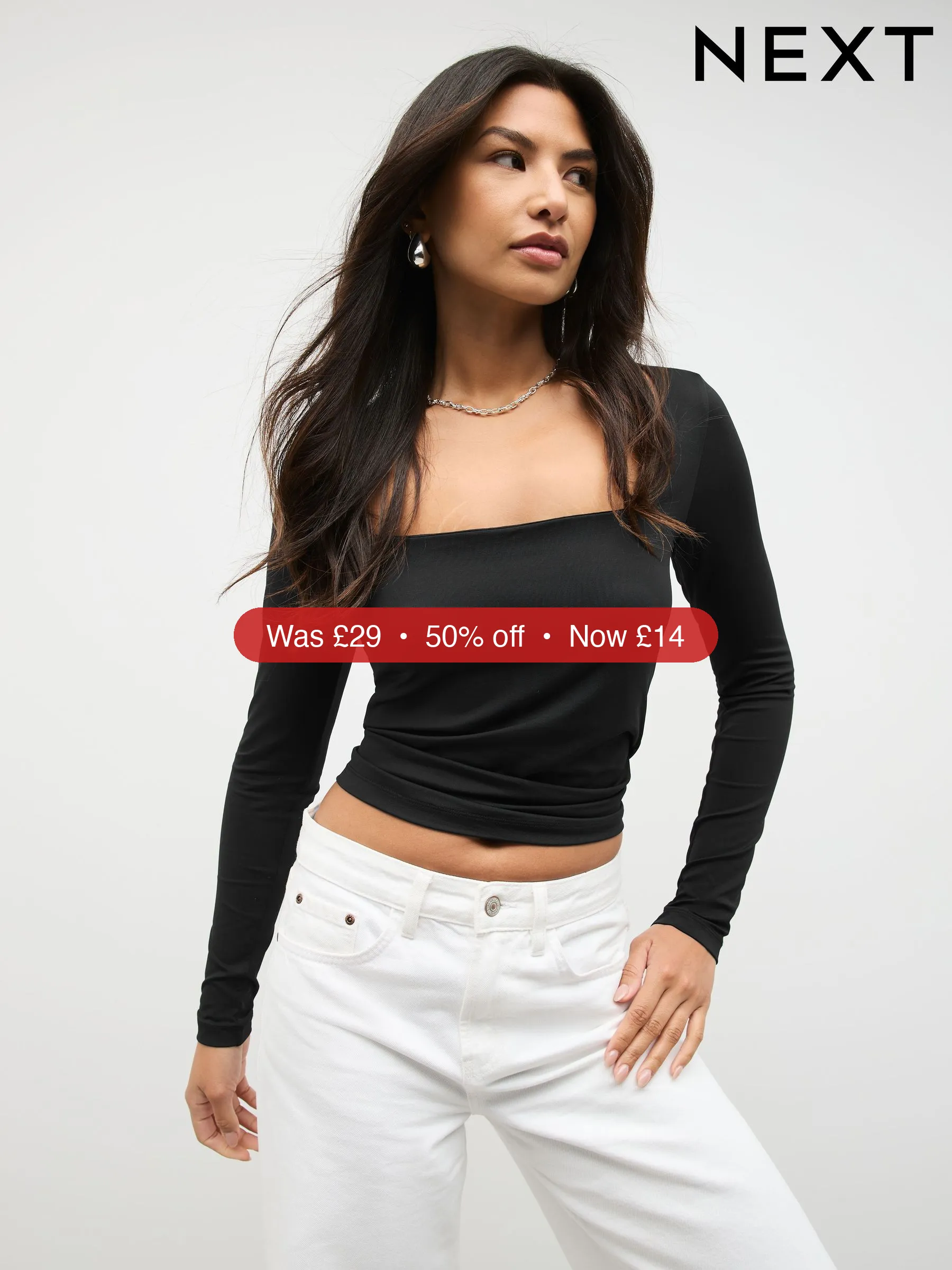 Next Black Soft Touch Slinky Nylon Square Neck Long Sleeve T-Shirt – 50% Off