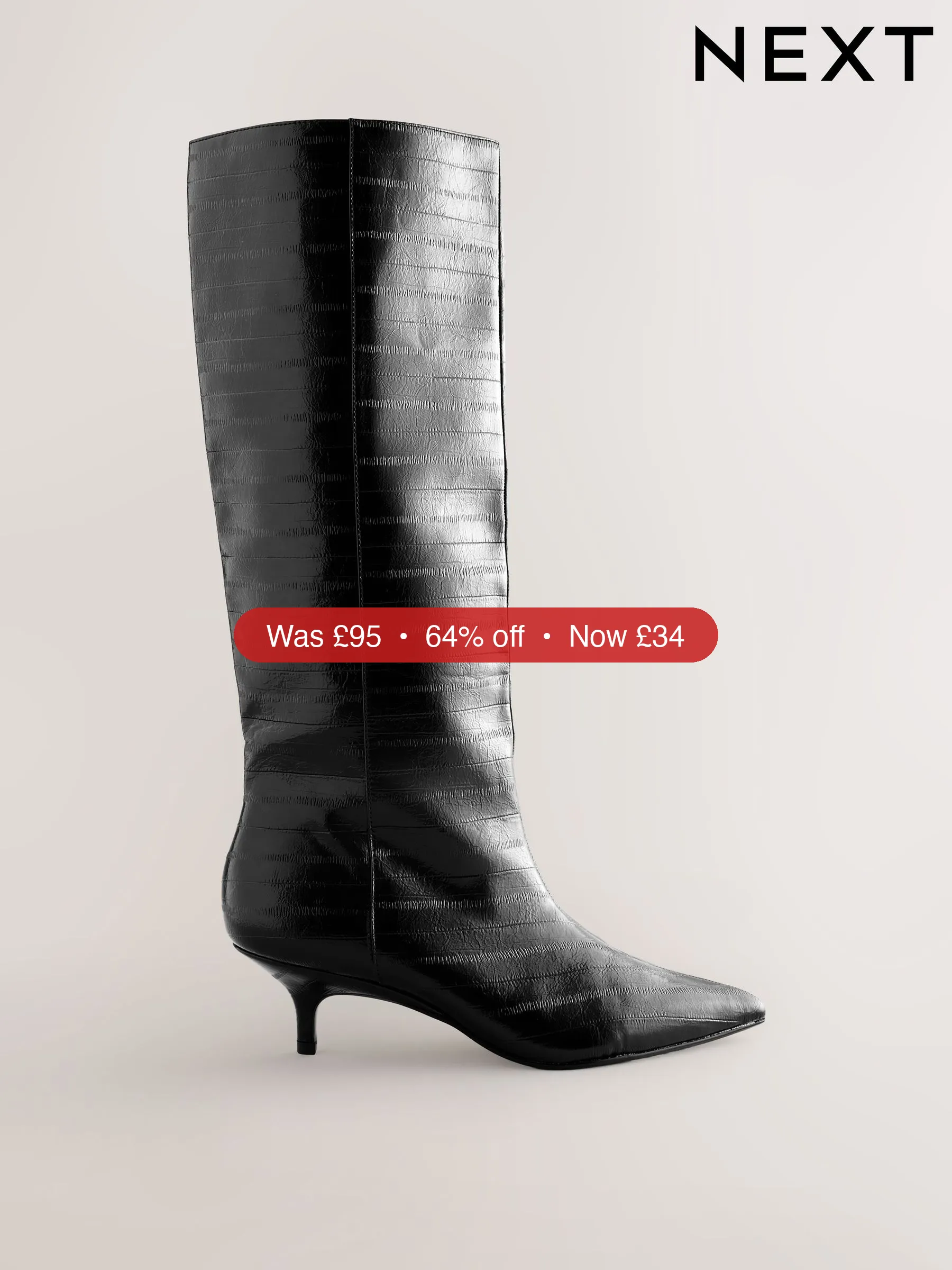 Next Black Textured Forever Comfort® Knee High Underset Heel Boots – 64% Off