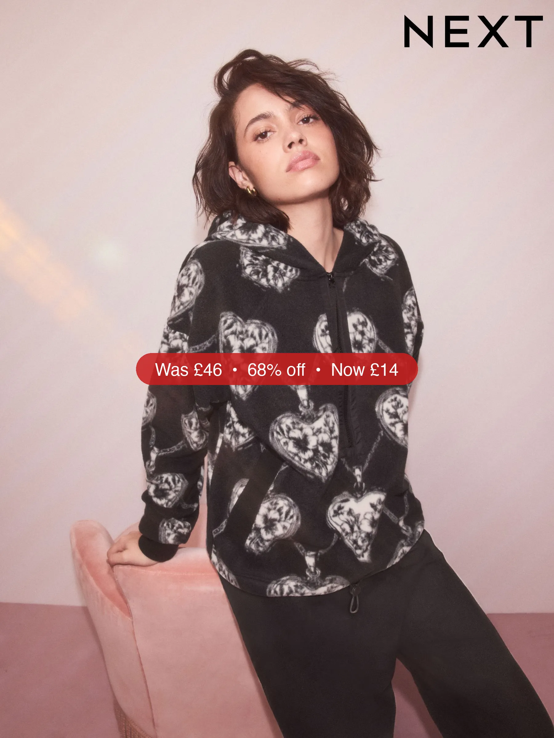 Next Black/White Heart Print Half Zip Fleece Hoodie – 68% Off