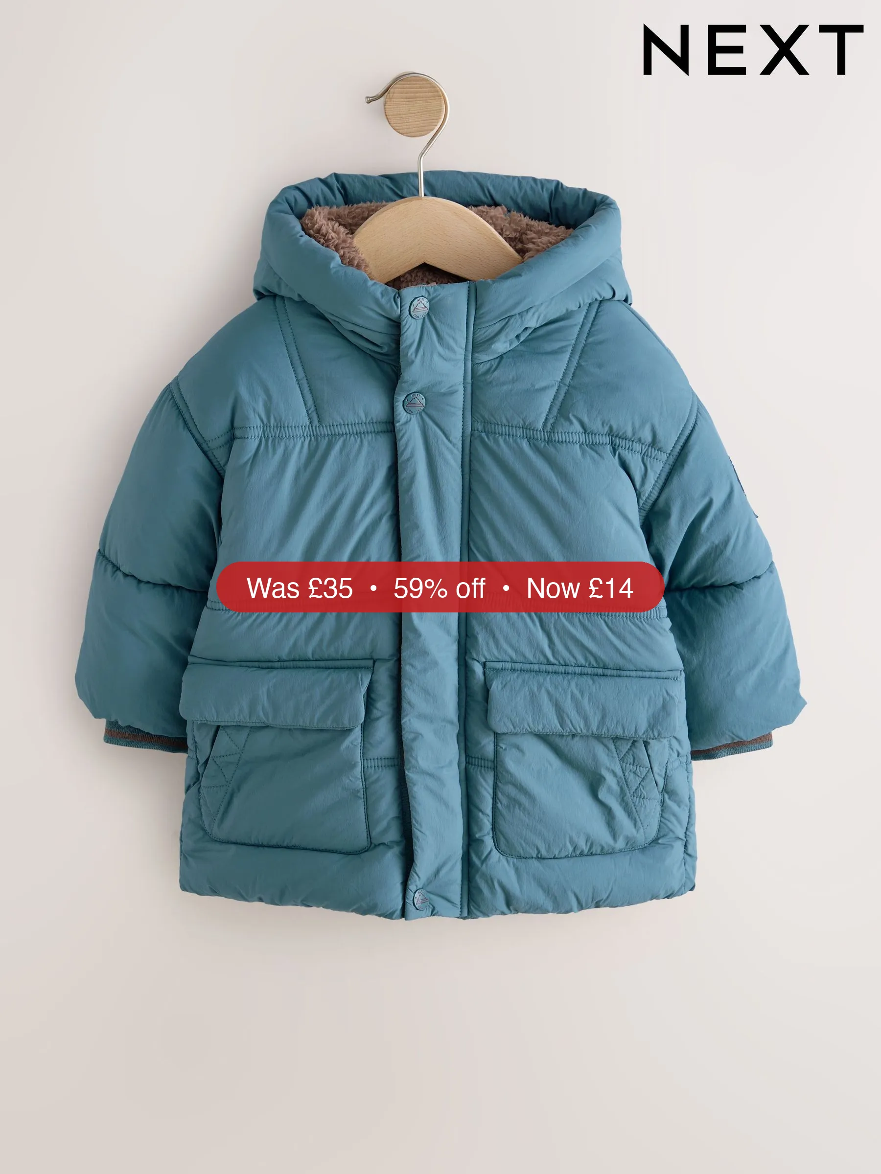 Next Blue Borg Lined Padded Shower Resistant Coat (3mths-7yrs) – 59% Off