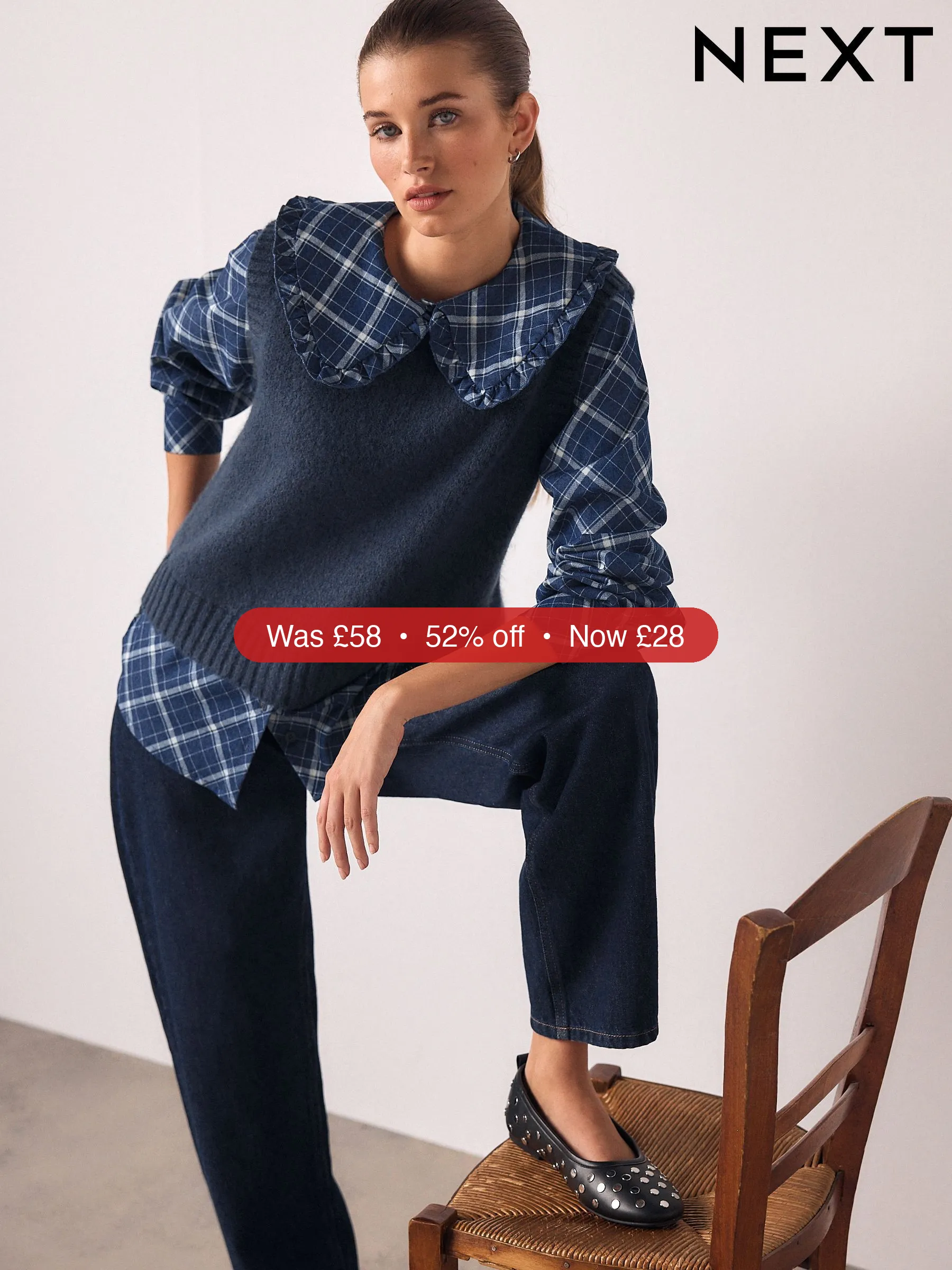 Next Blue Check Frill Collar Shirt Layer Knitted Tank – 52% Off