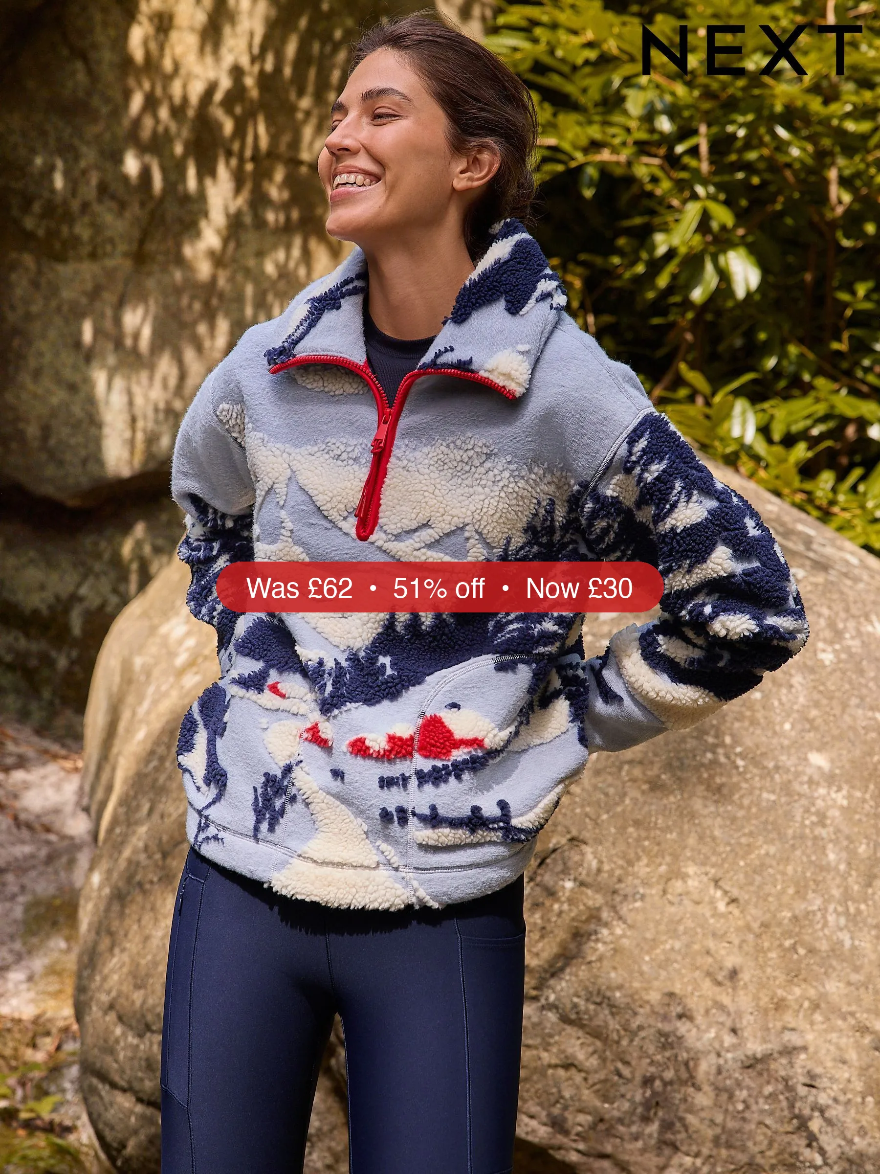 Next Blue Graphic Winter Scenic Soft Touch Cosy Teddy Borg Quarter Zip Fleece – 51% Off