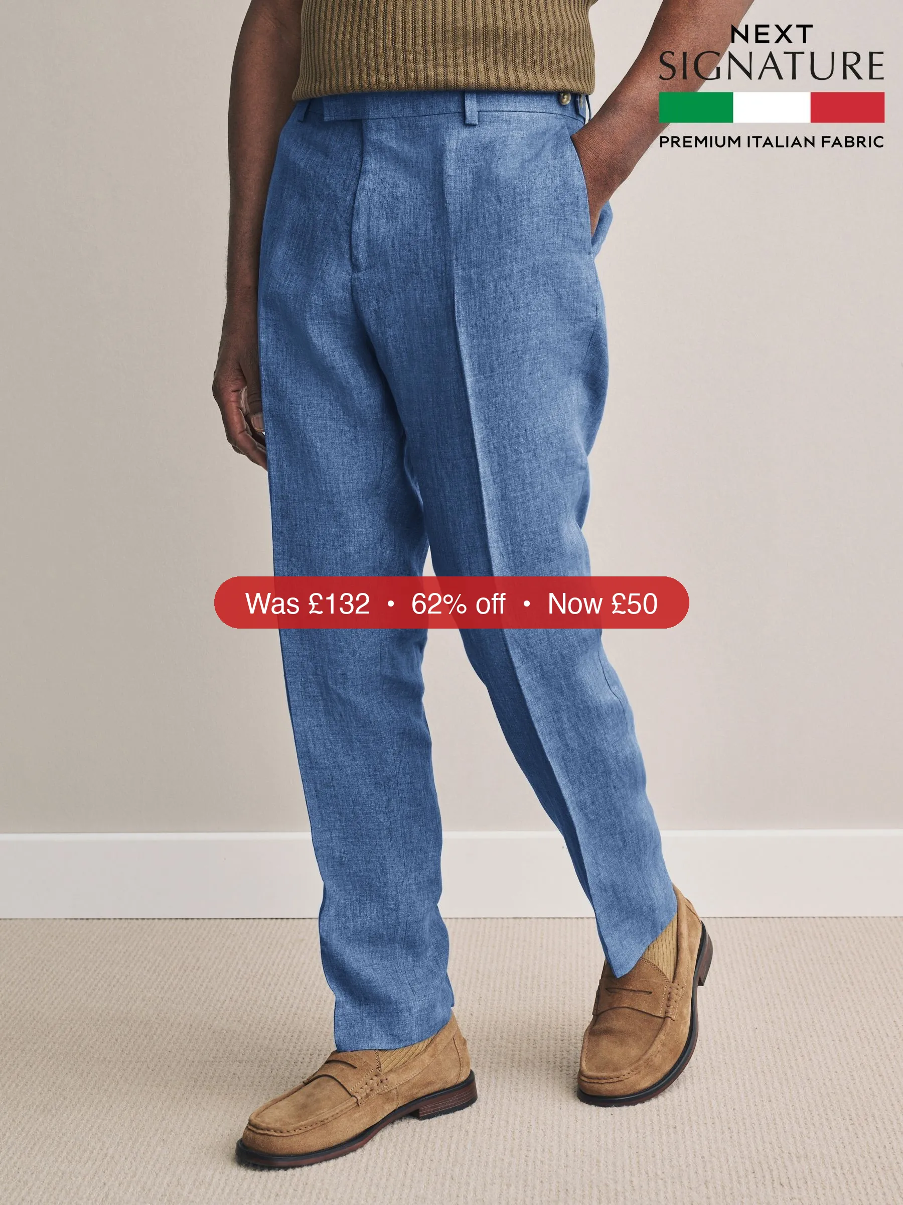 Next Blue Slim Fit Signature Leomaster Italian 100% Linen Fabric Suit Trousers – 62% Off