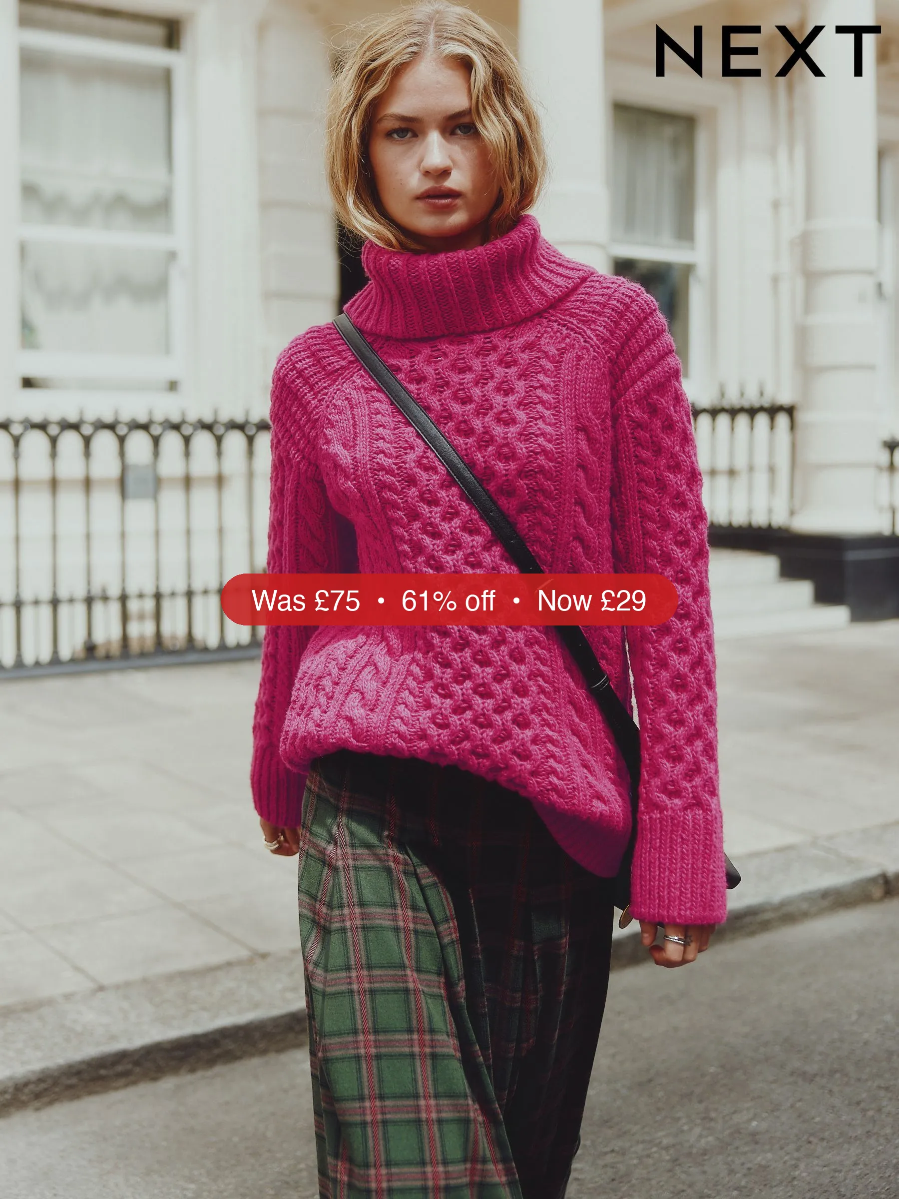 Next Bright Pink Roll Neck Cable Longline Jumper with Wool – 61% Off