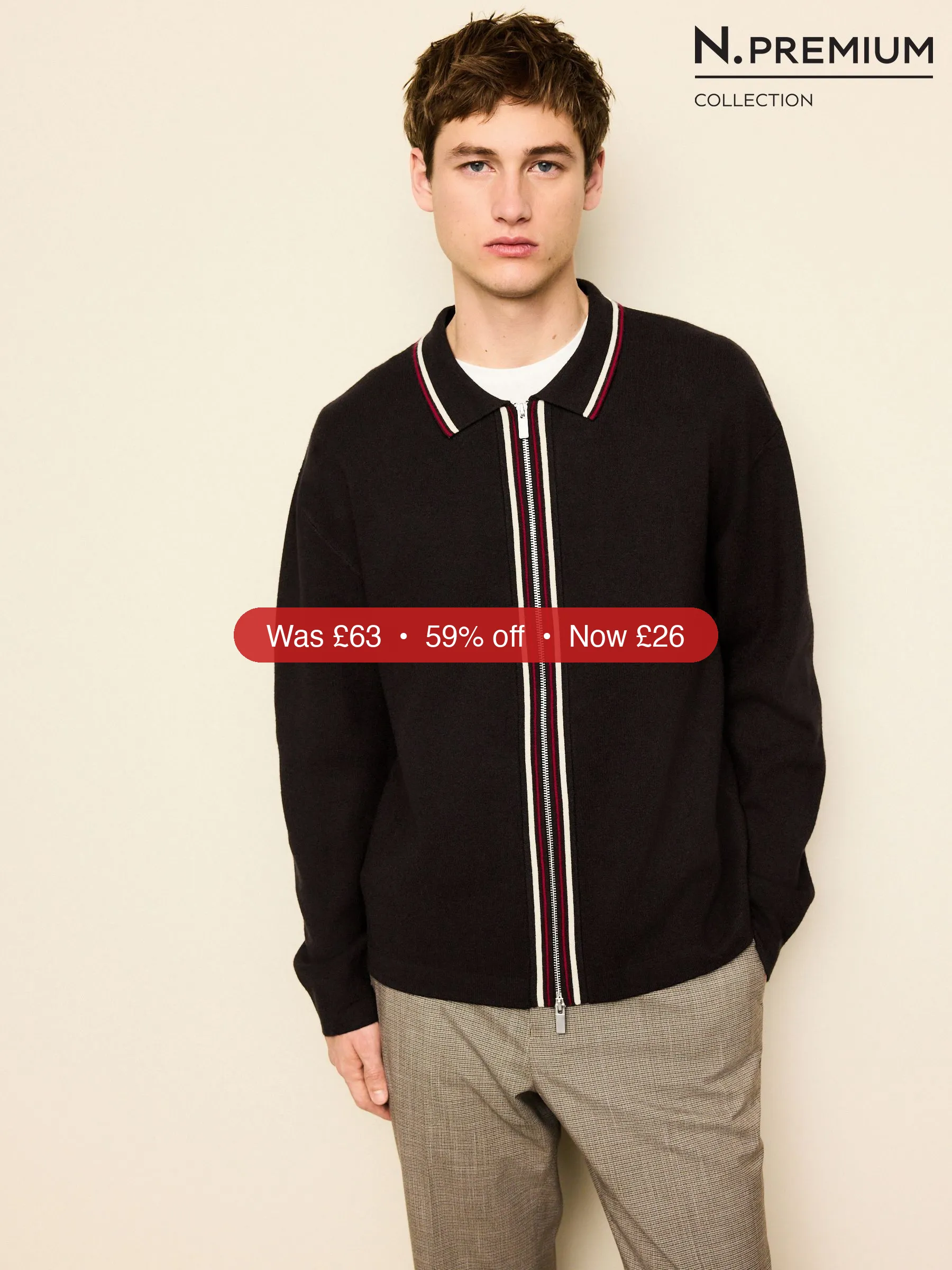 Next Brown N. Premium Regular Fit Mid Weight Tipped Zip Through Collared Cardigan – 59% Off
