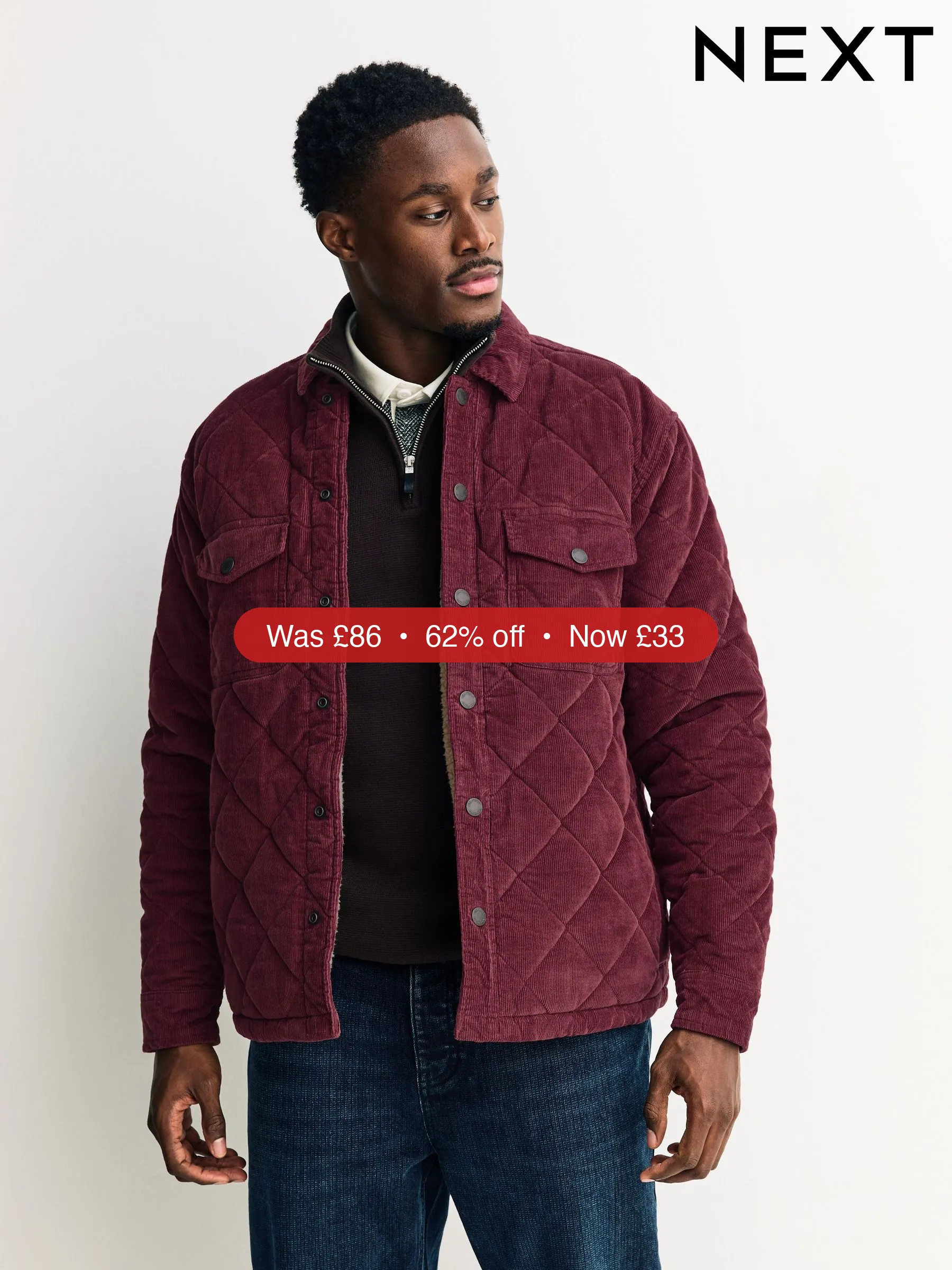 Next Burgundy Red Borg Lined Diamond Quilt Corduroy Shacket – 62% Off