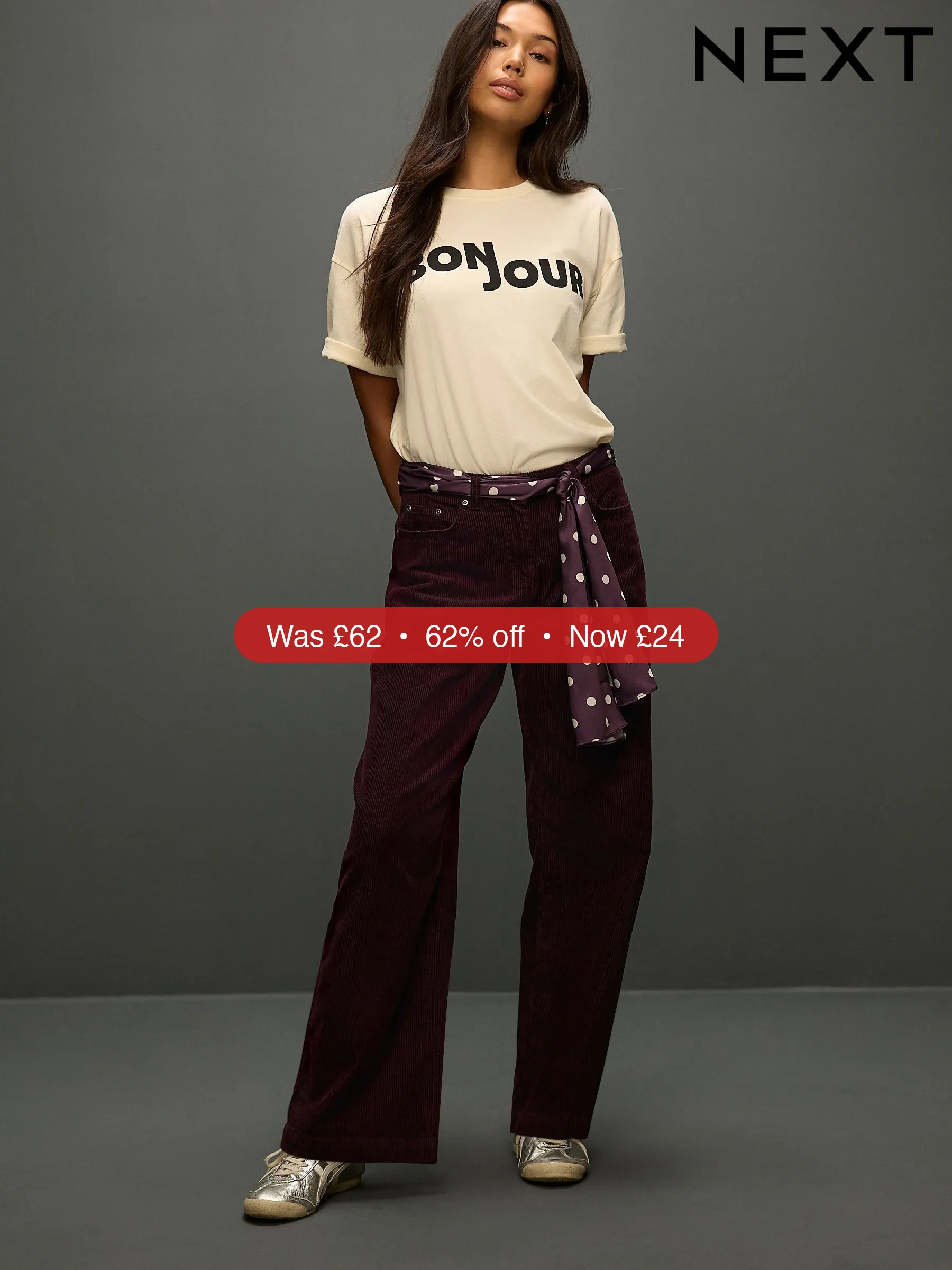 Next Burgundy Red Cord Wide Leg Trousers With Scarf – 62% Off
