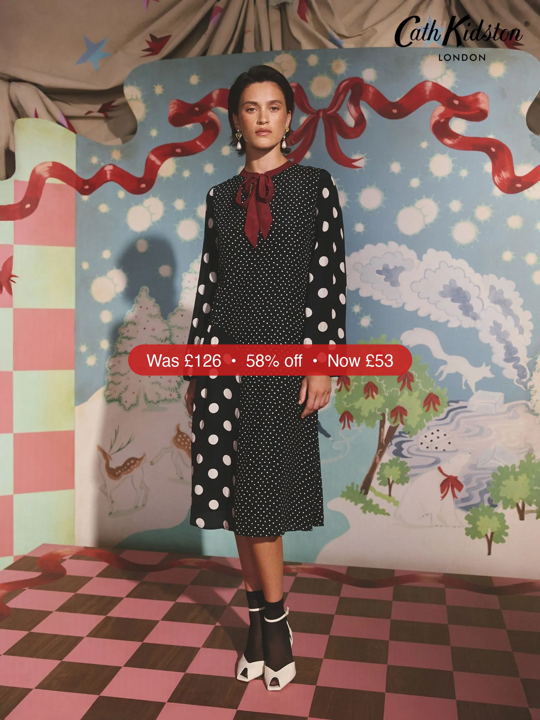 Next Cath Kidston Black Spot Long Sleeve Midi Dress with Bow Detail – 58% Off