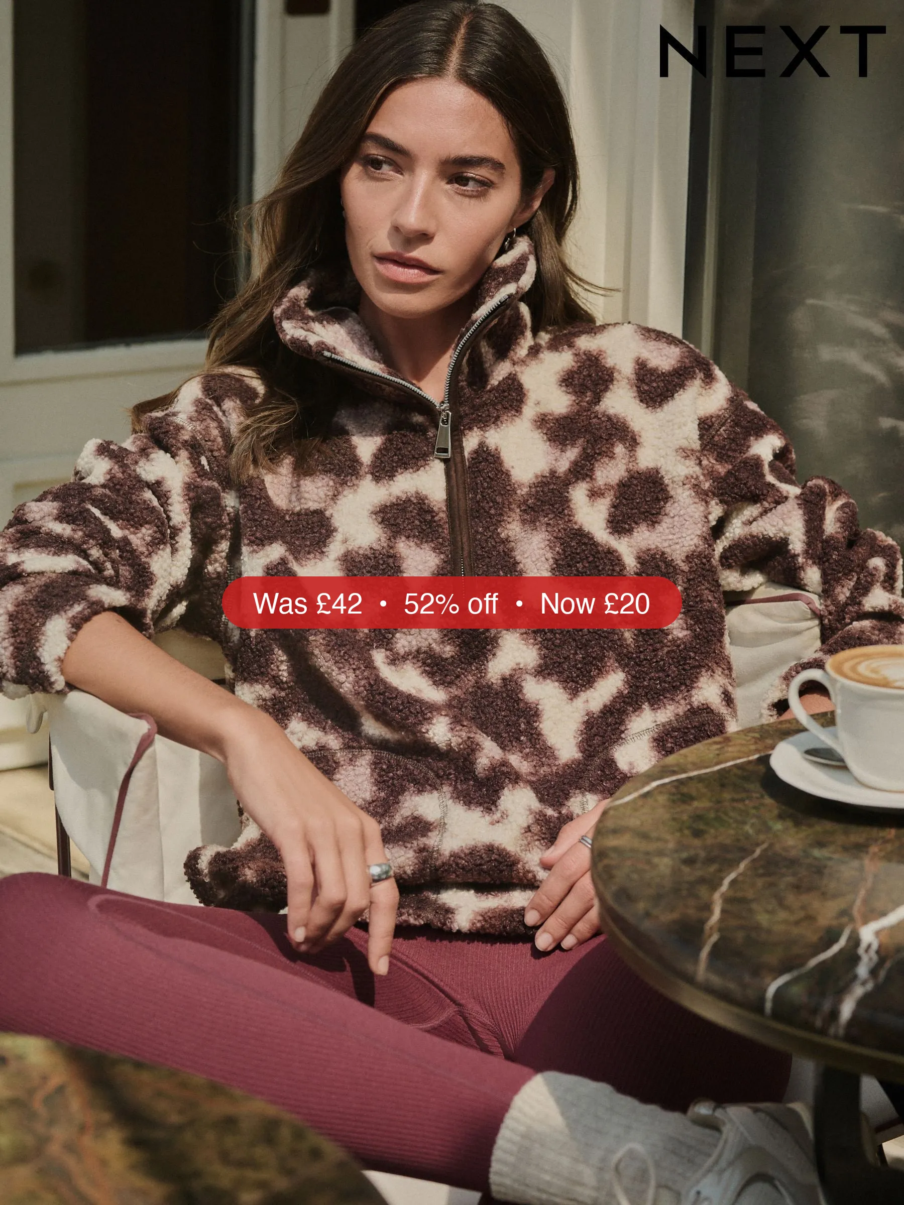 Next Chocolate Brown/Pink Leopard Soft Touch Cosy Teddy Borg Quarter Zip Fleece – 52% Off