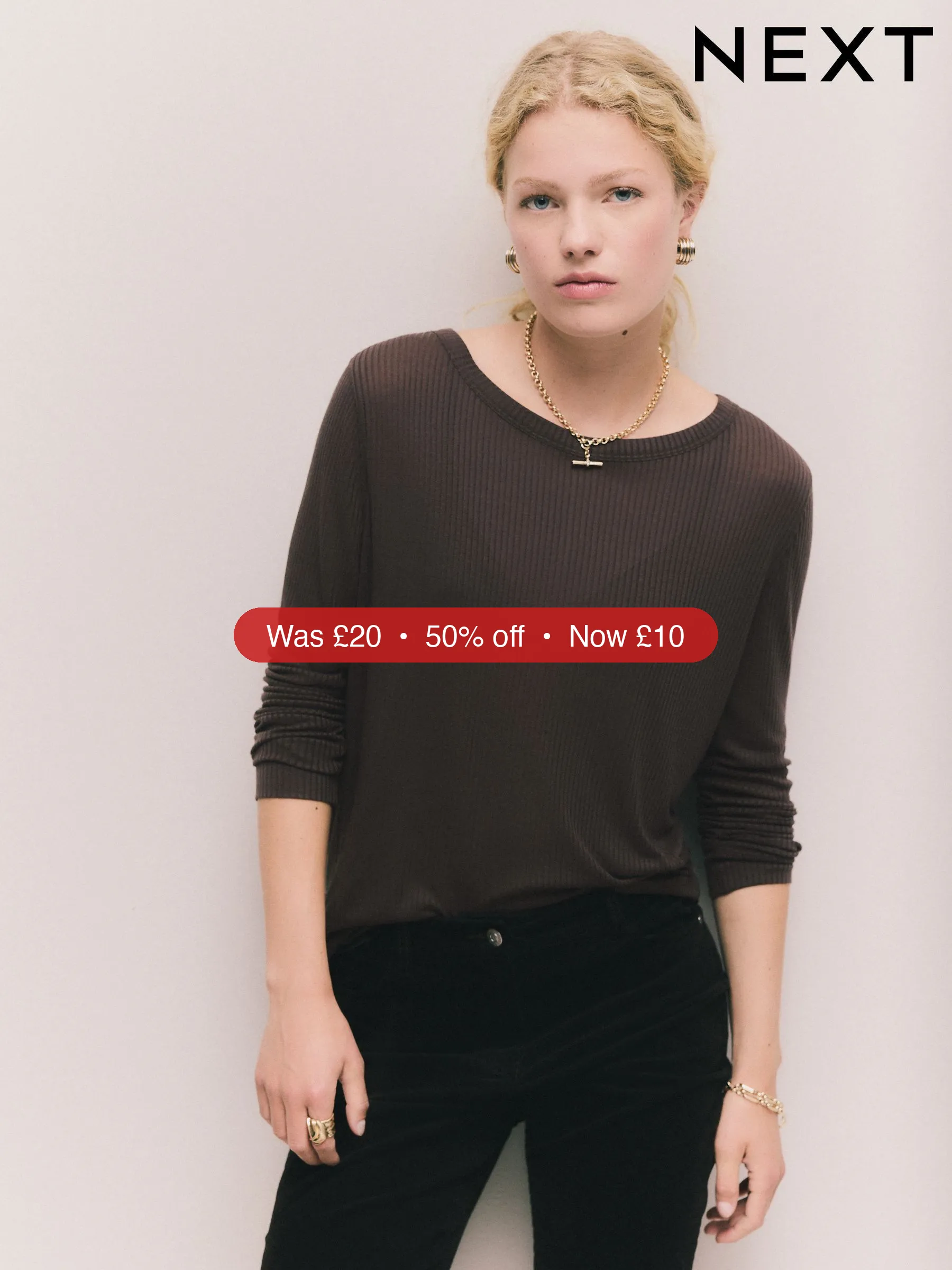 Next Chocolate Sheer Crew Neck Long Sleeve Top – 50% Off