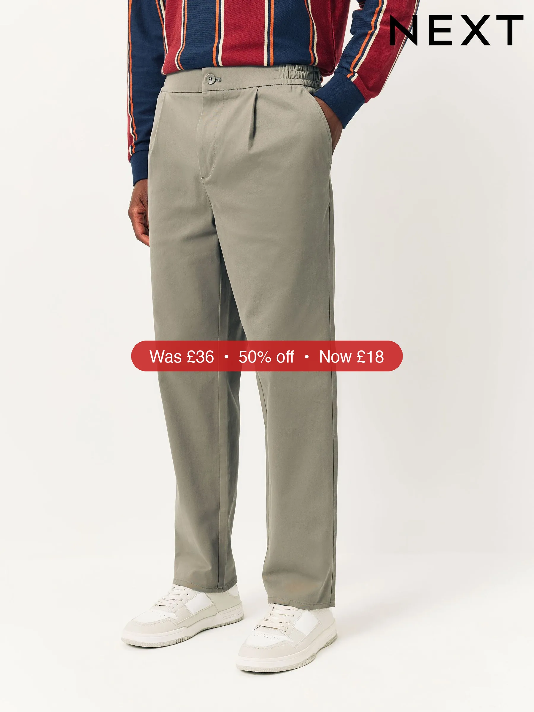 Next Clay Straight Fit Pleated Stretch Chinos Trousers With Elasticated Waist – 50% Off