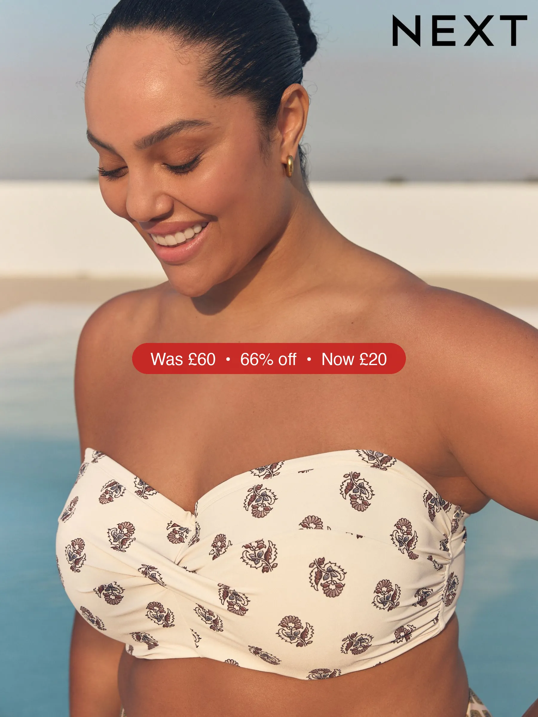 Next Cream Woodblock F-K Twist Bandeau Wired Bikini Top – 66% Off