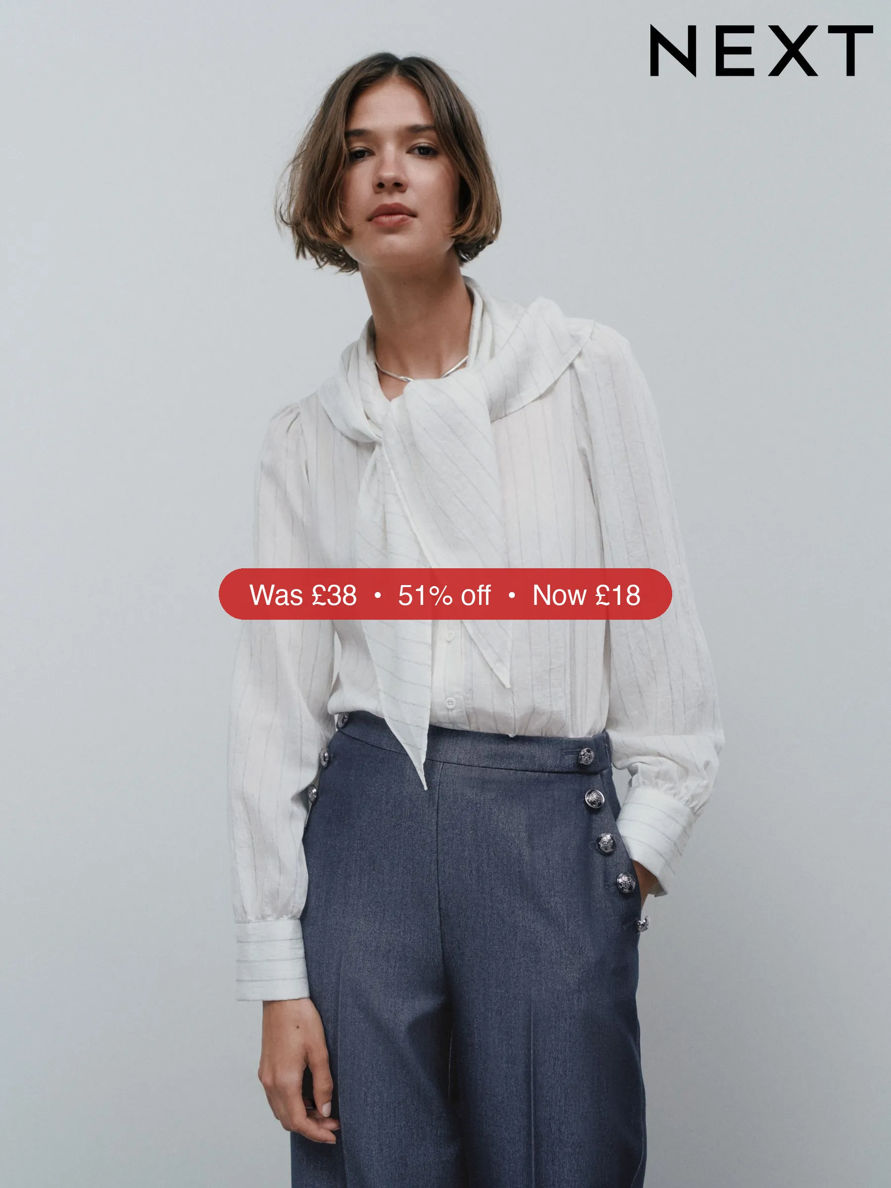 Next Ecru Pinstripe Long Sleeve Blouse with Neck Scarf Detail – 51% Off