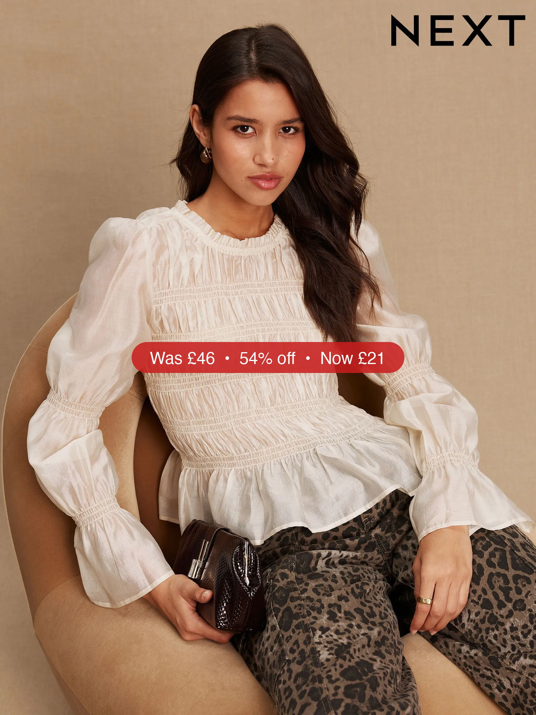 Next Ecru Sheer Smocked Long Sleeve Top – 54% Off