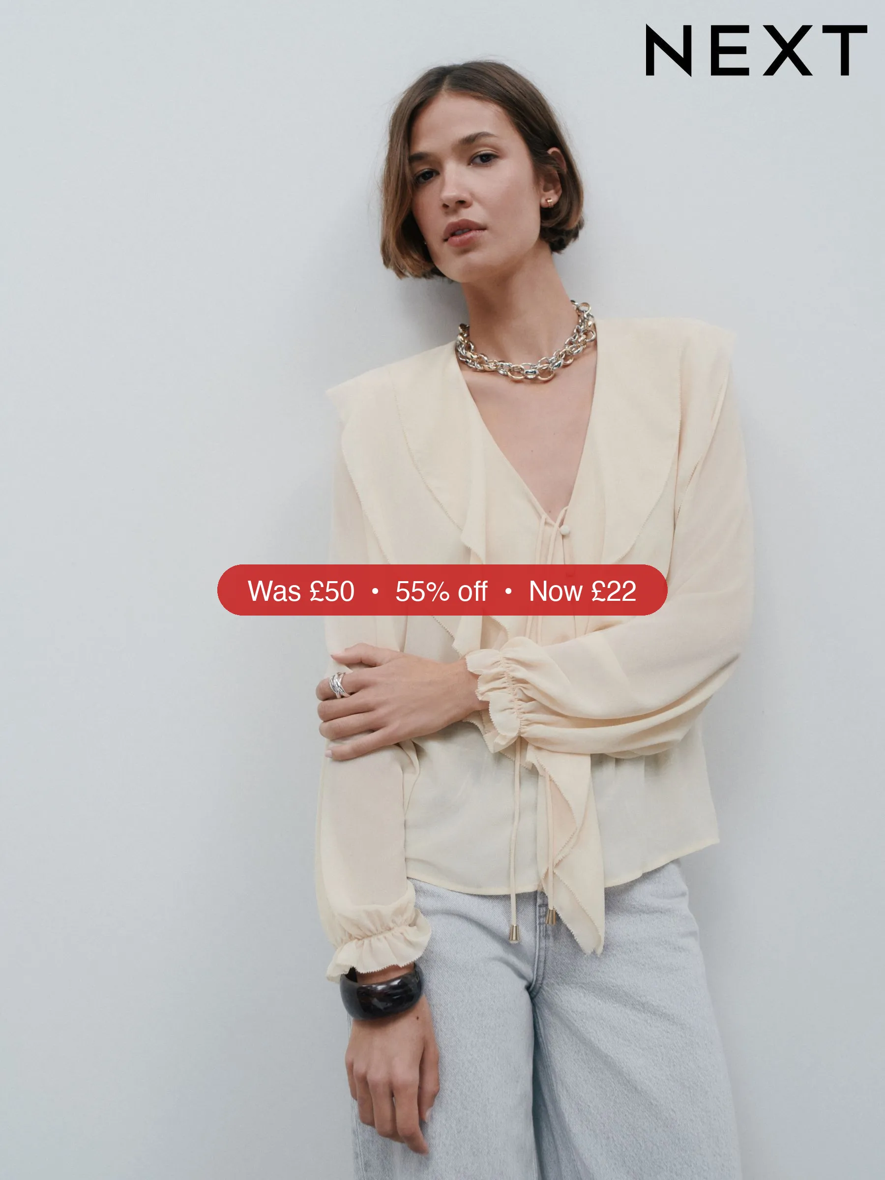 Next Ecru V-Neck Ruffle Front Long Sleeve Blouse – 55% Off