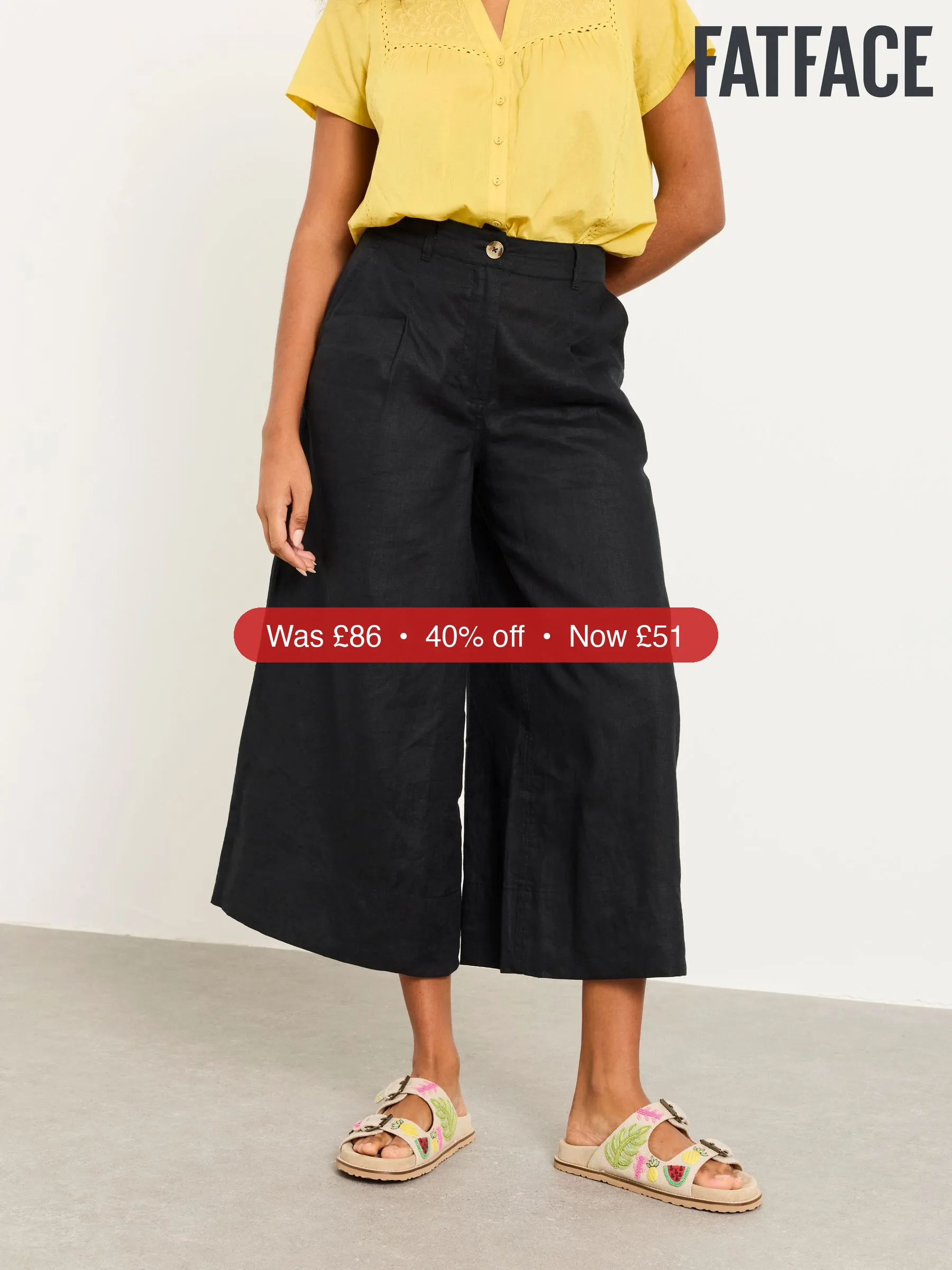 Next FatFace Anya Black Wide Leg Cropped Trousers – 40% Off
