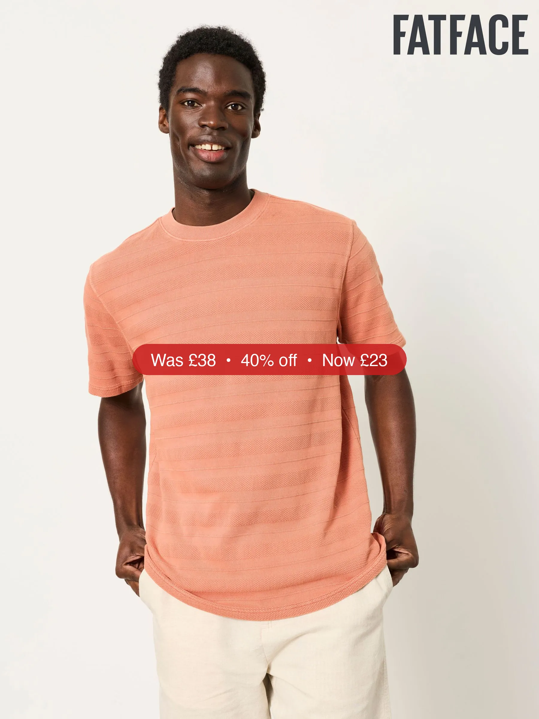 Next FatFace Bexley Relaxed Fit Coral Pink Textured Stripe Tshirt – 40% Off