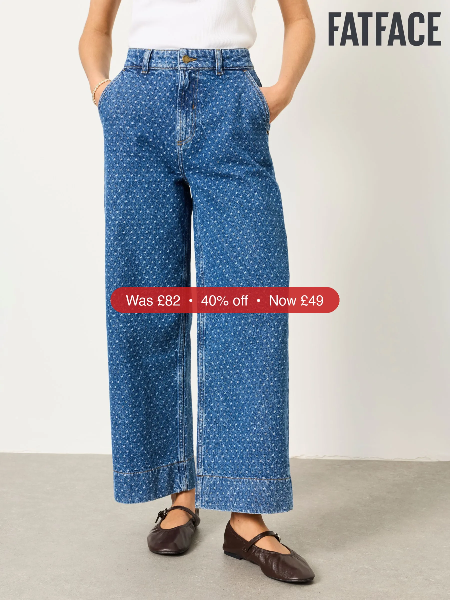 Next FatFace Hove Blue Denim Spot Wide Leg Crop Jeans – 40% Off