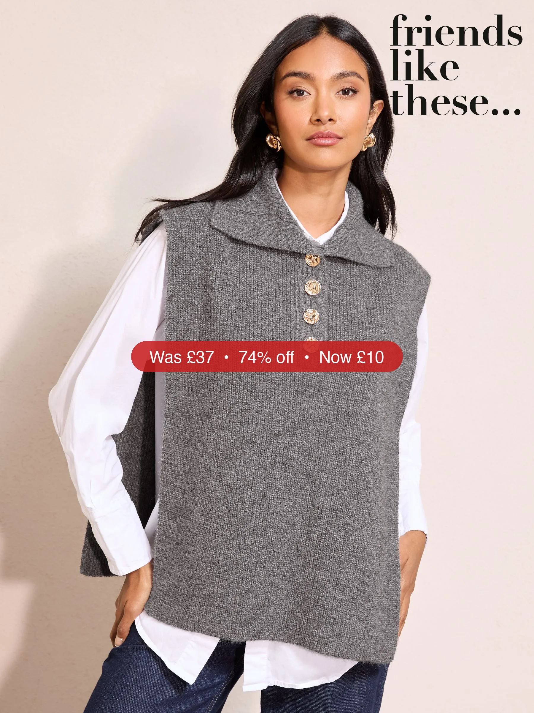 Next Friends Like These Grey Kitted Tabard Vest with Buttons – 74% Off