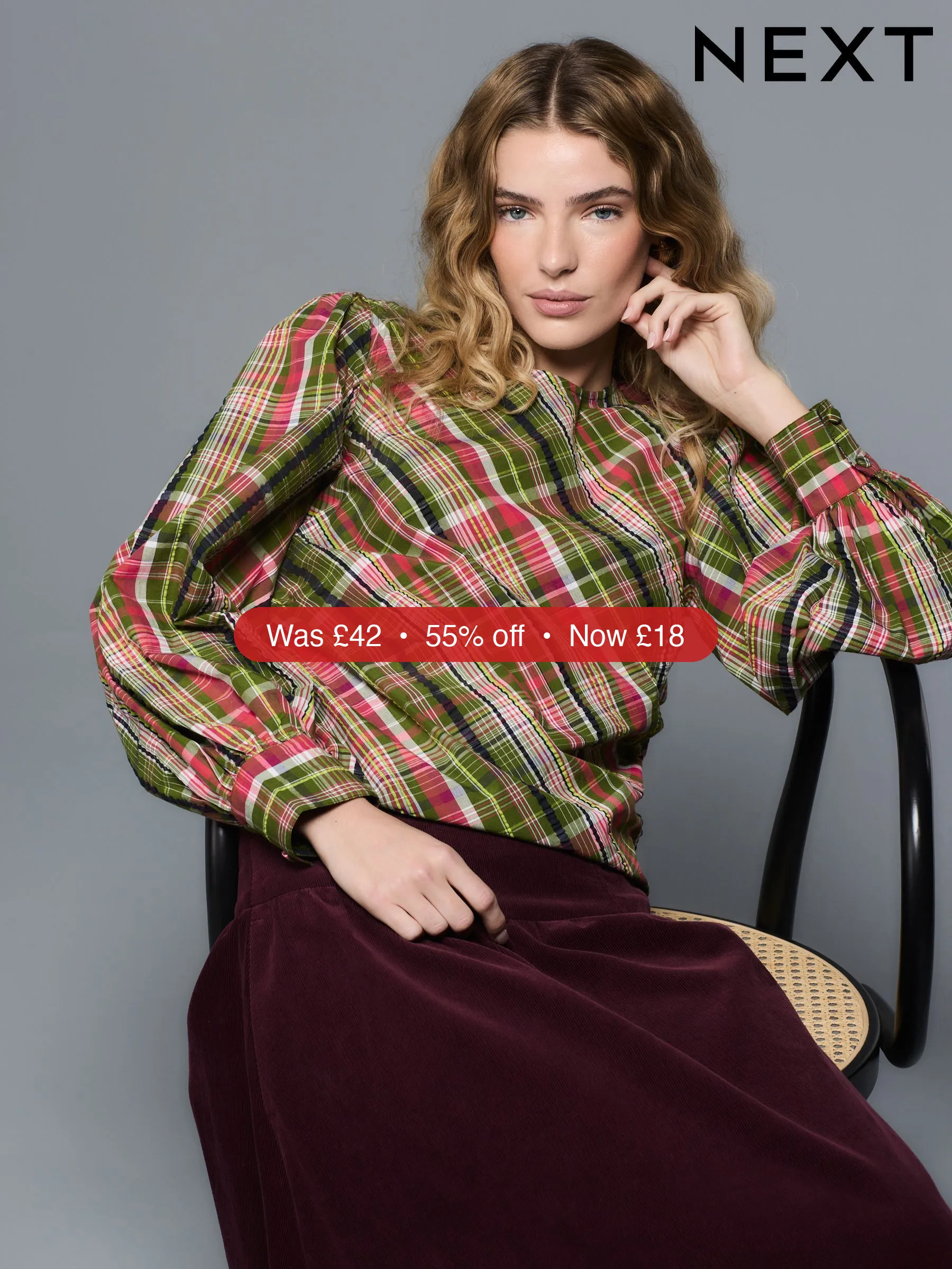 Next Green/Pink Checked Volume Long Sleeve Top – 55% Off