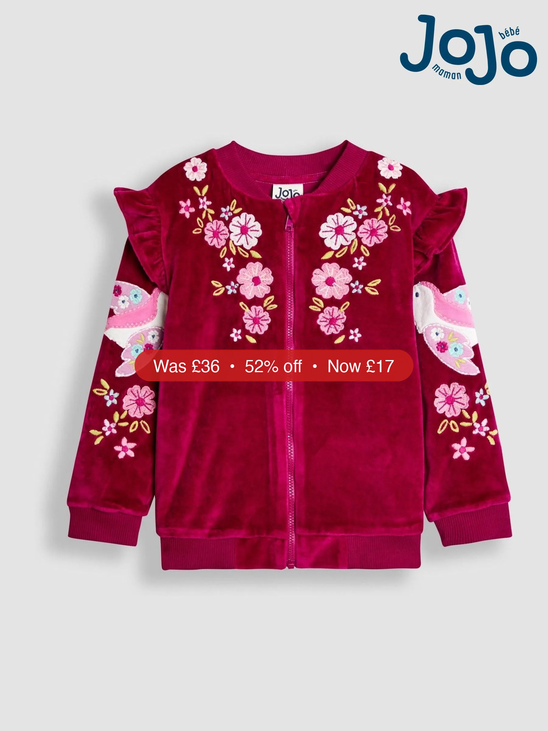 Next JoJo Maman Bébé Berry Floral Bird Embroidered Frill Velour Jacket – 52% Off