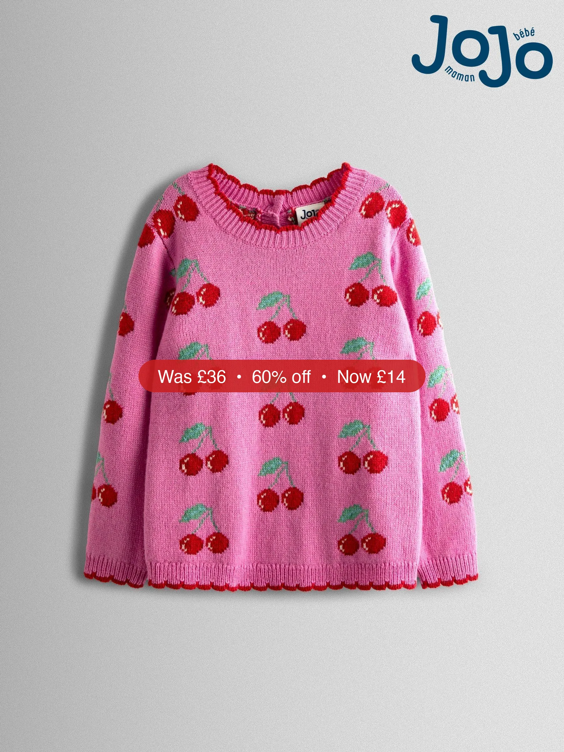 Next JoJo Maman Bébé Pink Cherry Intarsia Scallop Edge Jumper – 60% Off