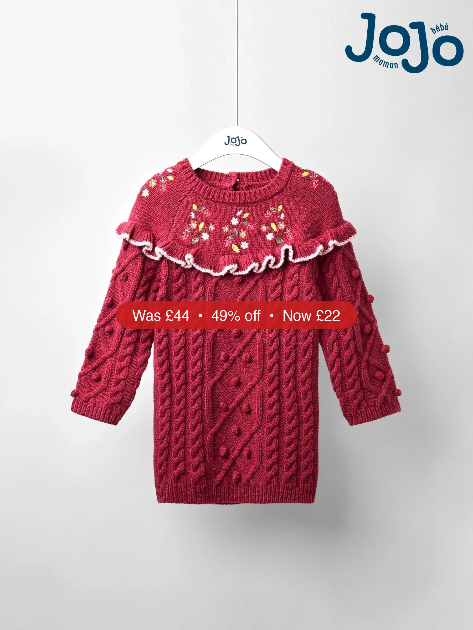Next JoJo Maman Bébé Red Strawberry Embroidered Cable Frill Knitted Dress – 49% Off